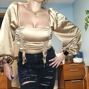 Bronze satin puff sleeve ruched long sleeve top